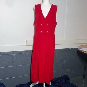 Vintage Talbots red corduroy jumper dress with gold buttons and pockets.